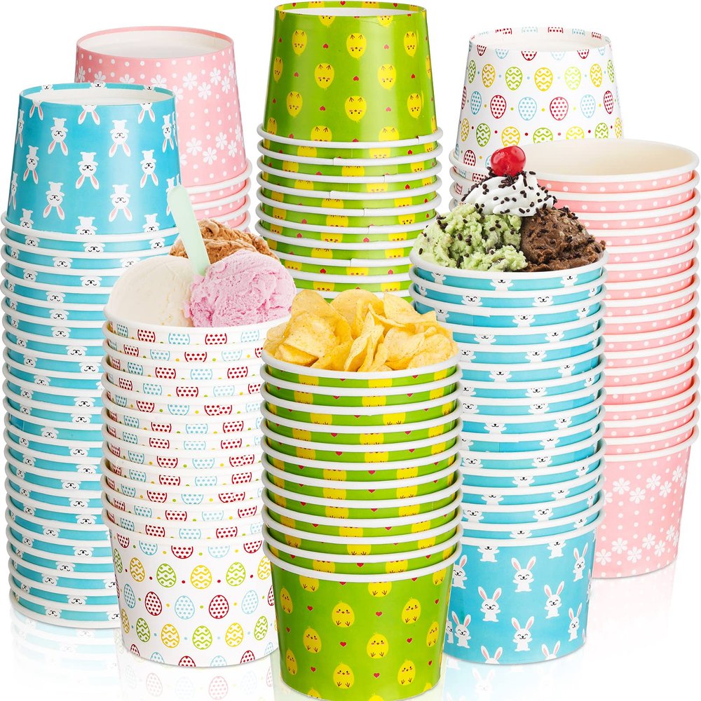 80 Pcs Easter Ice Cream Cups 9 oz Paper Treat Snack Cups Bunny Chicks Eggs Design Disposable Soup Bowls Easter Supplies for Easter Party Hot Cold Food Snacks Frozen Treats Containers Supplies