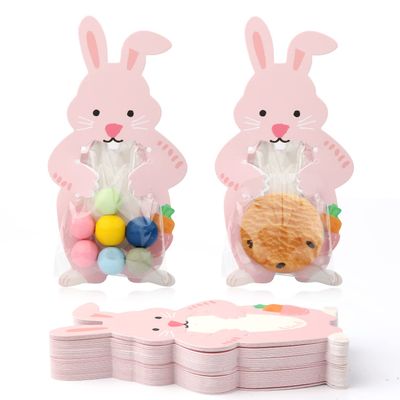 50pcs Easter Rabbit Cellophane Bags with Pink Bunny Greeting Cards Easter Goodie Bags Self Adhesive Clear Candy Cookie Poly Gift Bags with Transparent Stickers for Party Favor