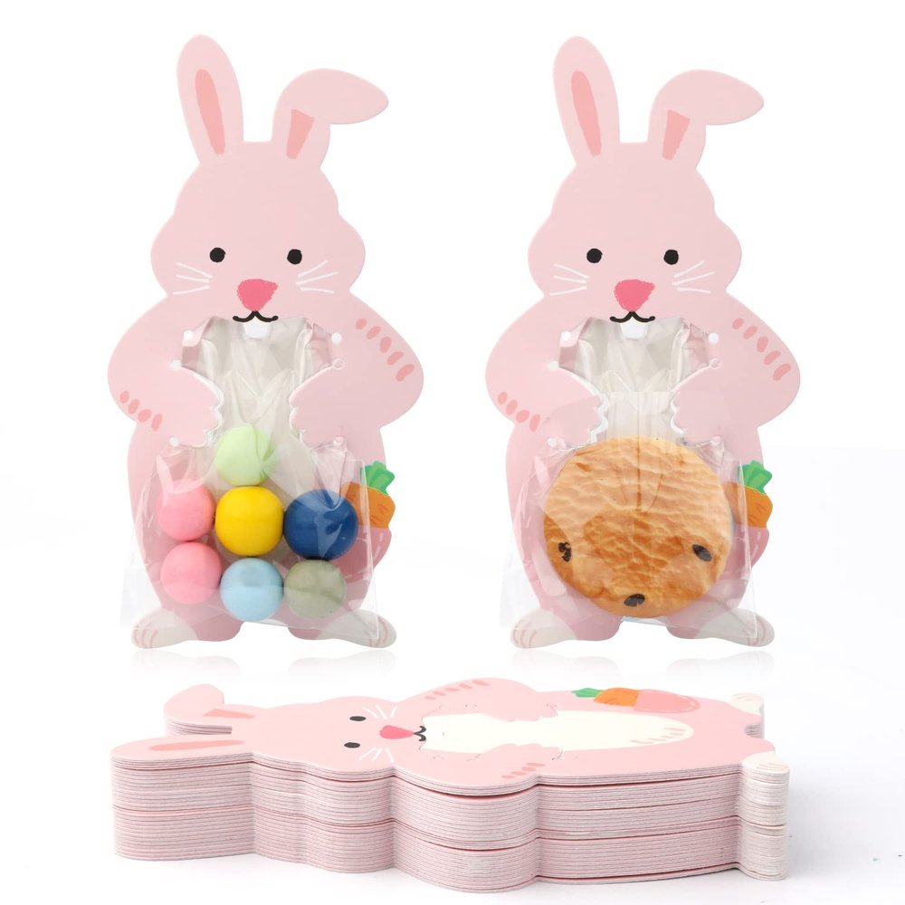 50pcs Easter Rabbit Cellophane Bags with Pink Bunny Greeting Cards Easter Goodie Bags Self Adhesive Clear Candy Cookie Poly Gift Bags with Transparent Stickers for Party Favor