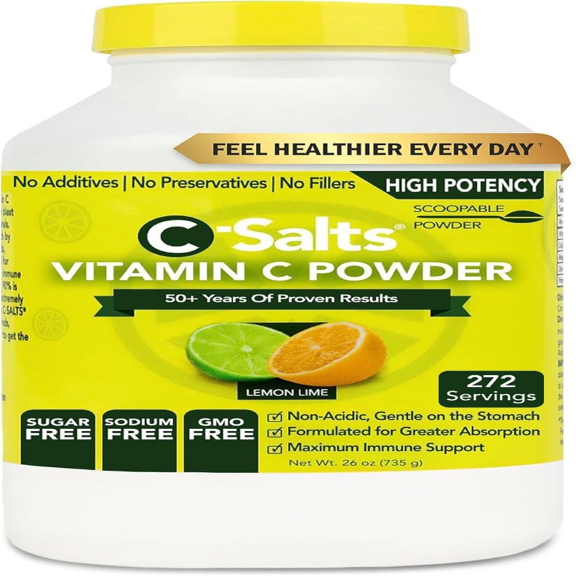 C-Salts Vitamin C Powder - 100% Pure Buffered Ascorbic Acid Powder for Daily Immune Support - Stomach-Friendly Organic Vegan Non-GMO Sugar-Free - 272 Servings 4000mg Per Serving - Lemon Lime, 26oz