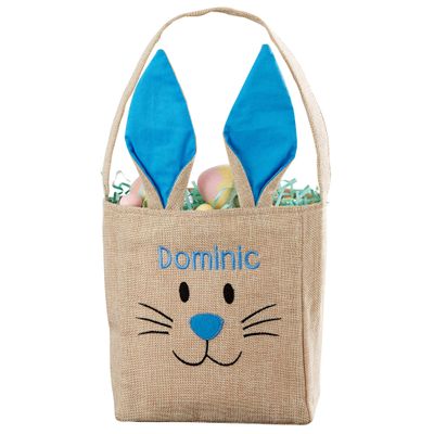 Personalization Universe Personalized Blue Bunny Face Burlap Easter Treat Bag Custom Kids Easter Gift Children's Rustic Holiday Bag