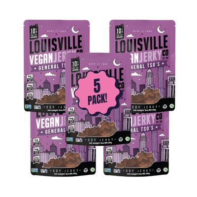 Louisville Vegan Jerky - General Tso's, Plant-Based Soy Jerky Snack, Healthy Vegan Snacks, Sweet & Tangy Flavor, Vegetarian & Vegan-Friendly, 13g of Protein per Bag, Gluten-Free, Non-GMO (3oz, 5-Pack)