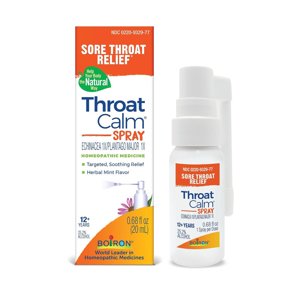 Boiron ThroatCalm Spray for Soothing Sore Throat Relief - Plant-Powered with Echinacea  Natural, Mint-Like Herbal Flavor - Non-Numbing & Benzocaine-Free - .68 Fl Oz