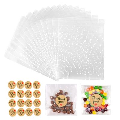 YVPSI Self Adhesive Cookie Bags Clear Cellophane Treat Bags with Seal Thank You Labels for Packaging Candy Bakery Snacks Gift Giving Party Favor(White Polka Dot) (white dot)