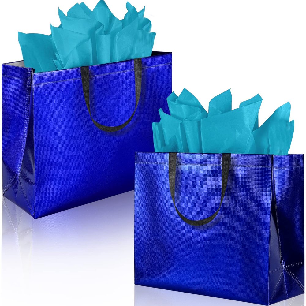 BLEWINDZ 18Pcs Blue Gift Bags Large Size 13" Reusable Party Favor Bags With Tissues - Goodie Bag for Christmas, Birthday, Baby Shower, Wedding