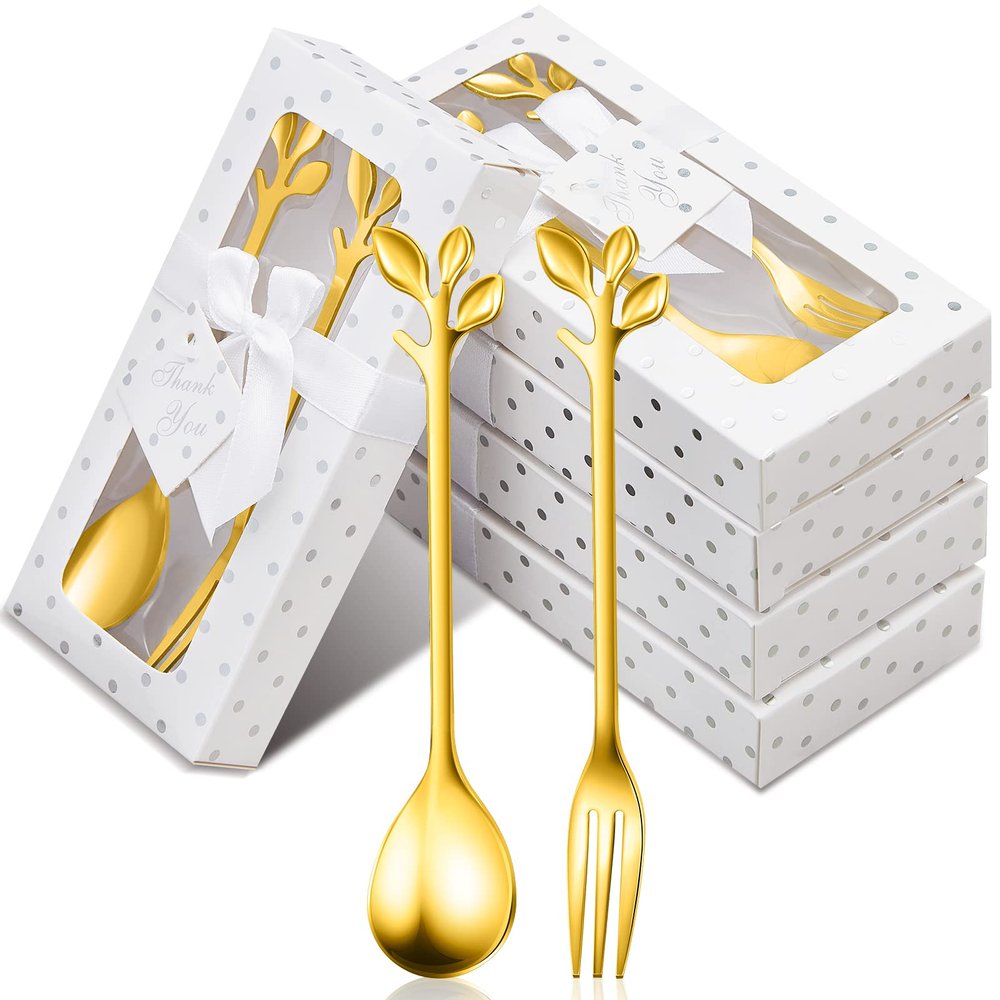 50 Packs Wedding Forks and Spoon Teaspoons for Wedding Gift, Bridal Shower, Tea Party Favors, Drink Spoon Gifts or Souvenirs for Guests Bulk with Individual Package(Gold)