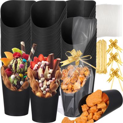 Sabary 100 Sets Disposable Charcuterie Cups, 14 oz Snack Cups with Clear Treat Bags + Wrapping Pull Bow (100) for Halloween, Mexican Festival, Mardi Gras, Mother's Day Party Favor(Black)