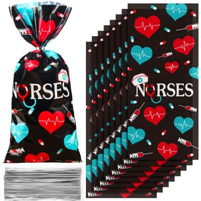 100 Pack Nurses Week Gift Bags Bulk Nursing Candy Bags Goody Bags Medical Gift Bag Treat Bags for National Nurse Day, Nursing Graduation Congrats, Nurse Doctor Theme Party Favors Supplies (Black)