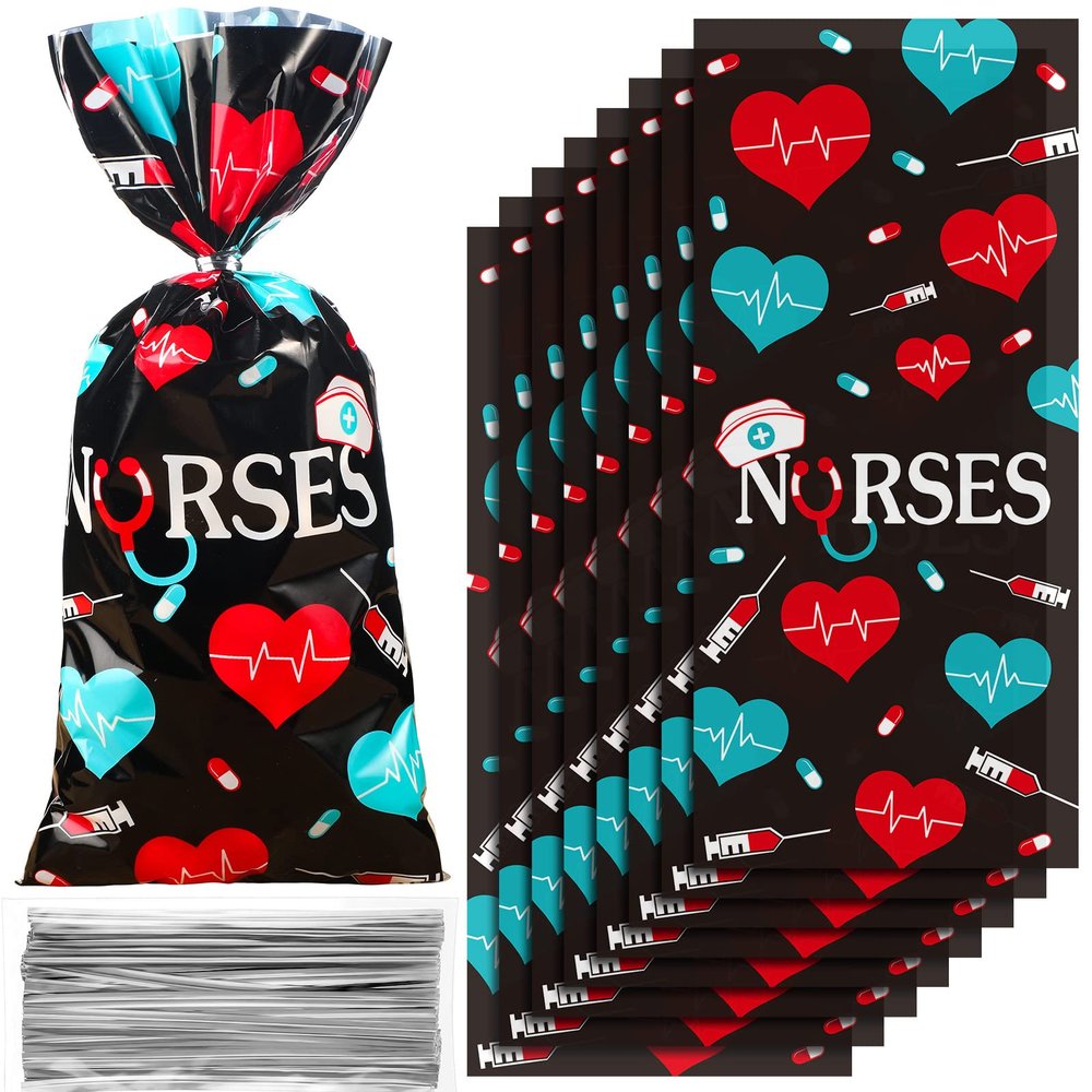 100 Pack Nurses Week Gift Bags Bulk Nursing Candy Bags Goody Bags Medical Gift Bag Treat Bags for National Nurse Day, Nursing Graduation Congrats, Nurse Doctor Theme Party Favors Supplies (Black)