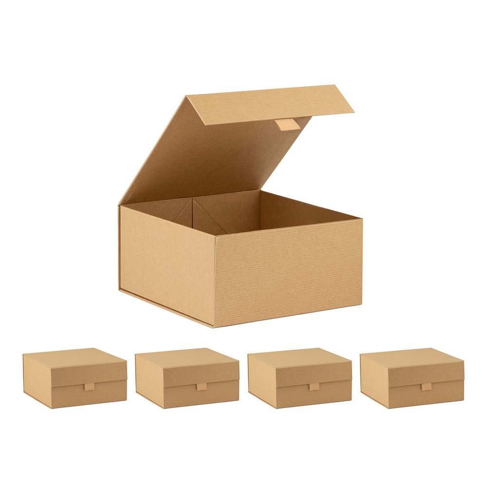 Purple Q Crafts 5 Pack Brown Kraft Ribbed Hard Gift Box With Magnetic Closure Lid 8"x8"x4" Square Favor Boxes With Classy Ribbed Paper Finish