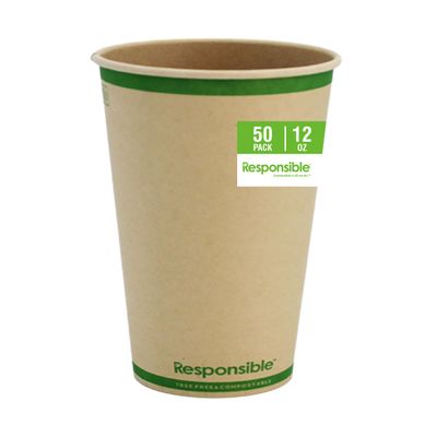 Responsible Products Certified Compostable 12 oz Paper Cups, Cold Hot Coffee Cups, Disposable Paper Cups, Extra Strength Disposable Cups, Made without PFAS (50 count)