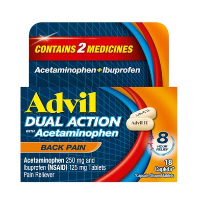 Advil Dual Action Back Pain Caplets Delivers 250mg Ibuprofen and 500mg Acetaminophen Per Dose for 8 Hours of Back Pain Relief - 18 Count