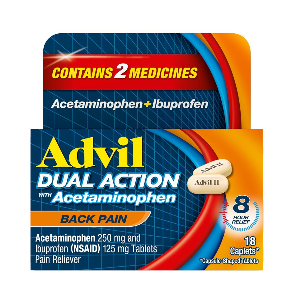 Advil Dual Action Back Pain Caplets Delivers 250mg Ibuprofen and 500mg Acetaminophen Per Dose for 8 Hours of Back Pain Relief - 18 Count