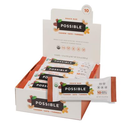 POSSIBLE Snack Bar - Whole Food Snack to Support a Healthy & Active Lifestyle - 10g of Organic Plant-Based Protein - Energy Support with Healthy Fats - Cashew Date Turmeric, 12 Count (Pack of 1)