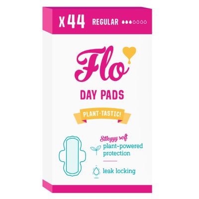 Flo - Day Menstrual Pads (44 Pack) - Organic Bamboo Period Pads for Women - Regular Flow - Leak Locking - Winged, Ultra-Thin - Absorbent, Soft & Breathable - Plant Based Vegan, Cruelty Free