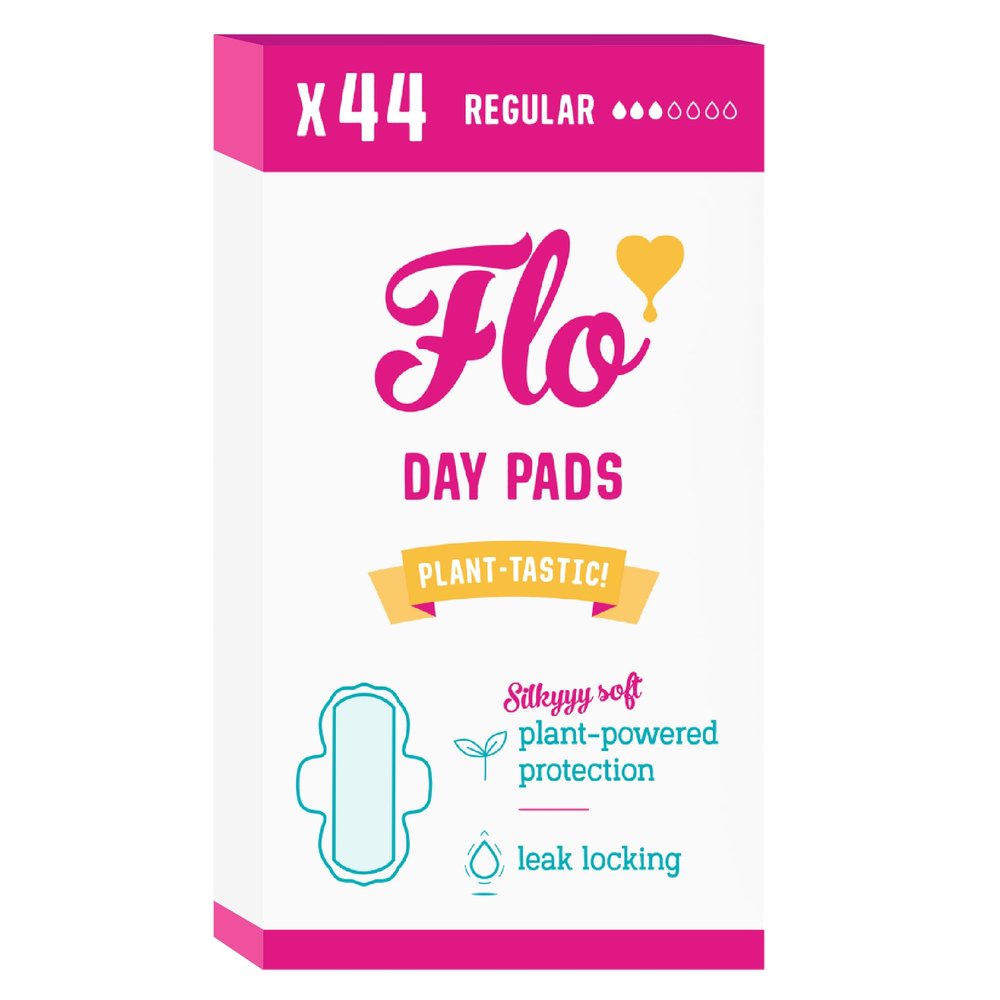 Flo - Day Menstrual Pads (44 Pack) - Organic Bamboo Period Pads for Women - Regular Flow - Leak Locking - Winged, Ultra-Thin - Absorbent, Soft & Breathable - Plant Based  Vegan, Cruelty Free