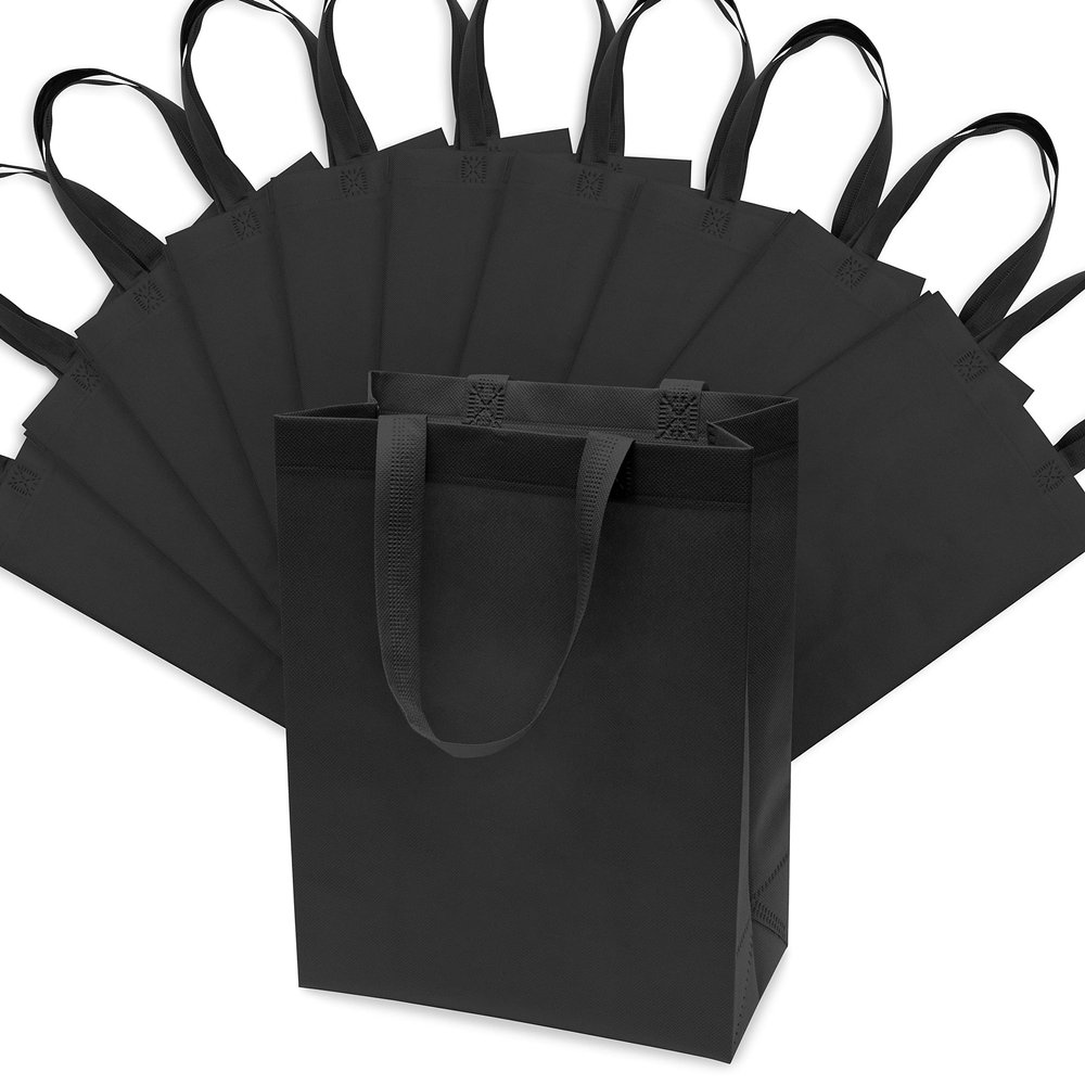 ZENPAC Reusable Tote Bags, Black Fabric Bags Medium for Small Business, Retail, Gift Canvas, Holidays, Christmas, Party Favors, Bulk, 10x5x13, 12 Pack