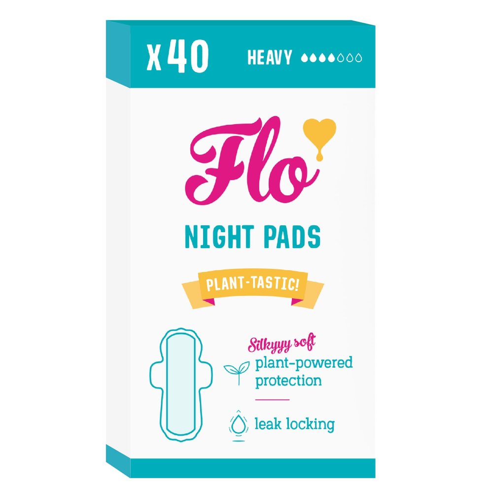 Flo - Night Menstrual Pads (40 Pack) - Organic Bamboo Period Pads for Women - Heavy Flow - Leak Locking - Winged, Ultra-Thin - Absorbent, Soft & Breathable - Plant Based  Vegan, Cruelty Free