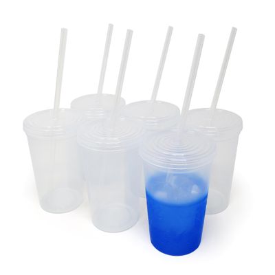 Rolling Sands 16 Oz. Reusable Plastic Stadium Cups with Lids, 6 Pack, USA Made Color Changing Tumblers, Includes 6 Reusable Straws, Dishwasher Safe, Frost to Blue