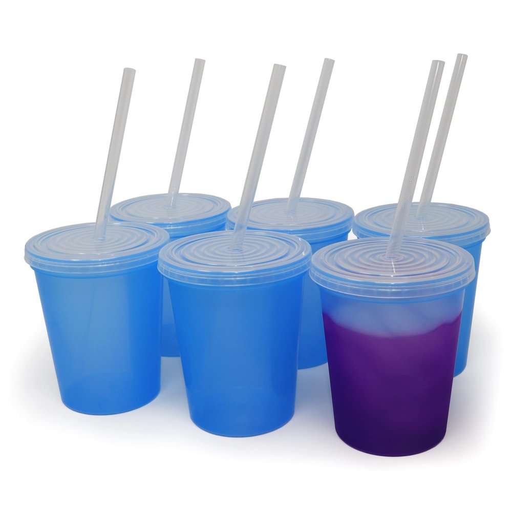 Rolling Sands 16 Oz. Reusable Plastic Stadium Cups with Lids, 6 Pack, USA Made Color Changing Tumblers, Includes 6 Reusable Straws, Dishwasher Safe, Blue to Purple