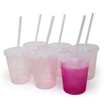 Rolling Sands 16 Oz. Reusable Plastic Stadium Cups with Lids, 6 Pack, USA Made Color Changing Tumblers, Includes 6 Reusable Straws, Dishwasher Safe, Frost to Magenta