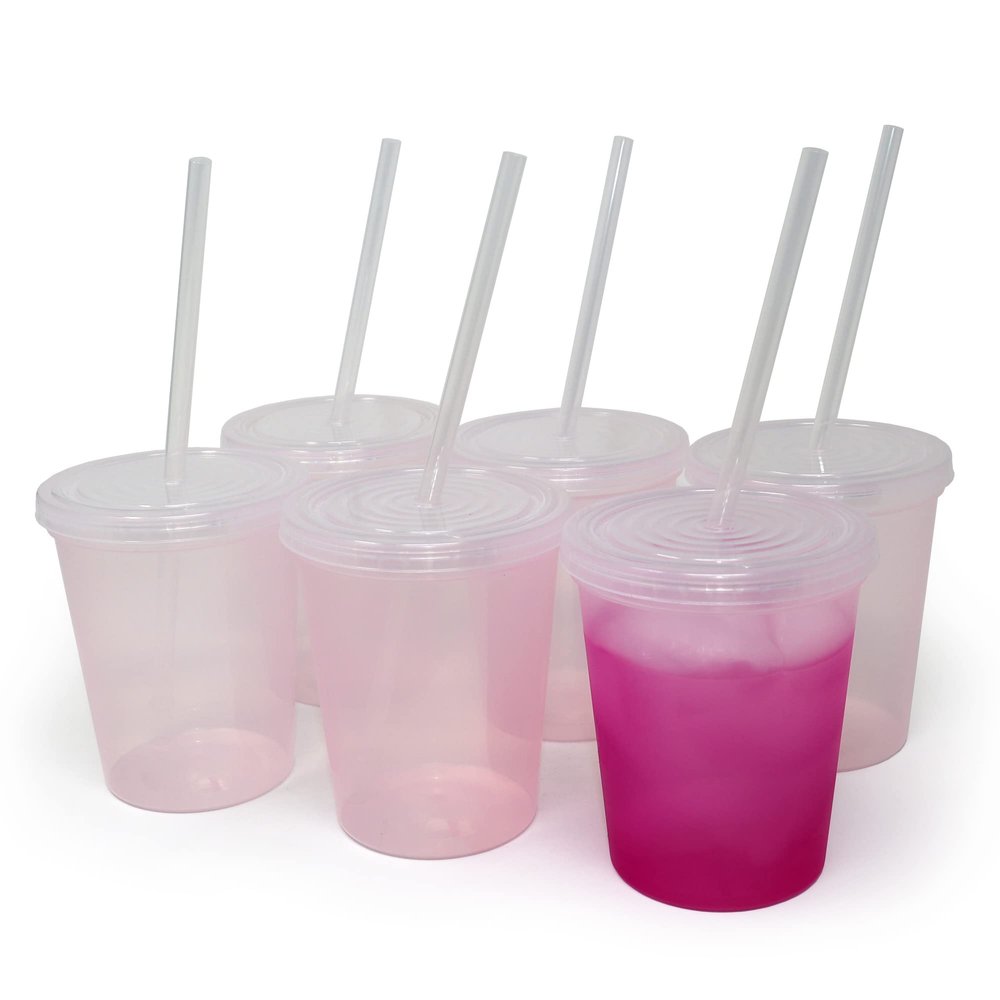 Rolling Sands 16 Oz. Reusable Plastic Stadium Cups with Lids, 6 Pack, USA Made Color Changing Tumblers, Includes 6 Reusable Straws, Dishwasher Safe, Frost to Magenta