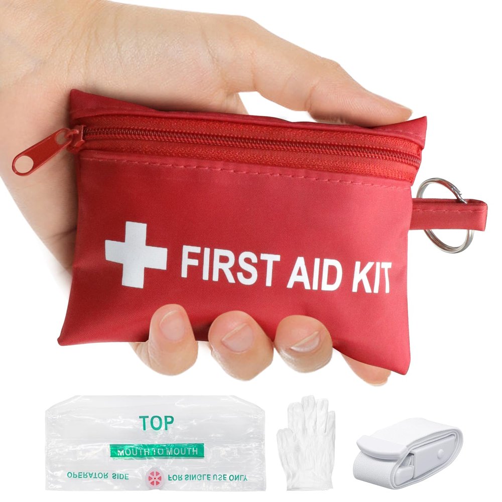 Yzpacc Mini First Aid Kit - Pocket Keychain & Elastic Belt & One Pair of Disposable Gloves for Travel Home Camping - Emergency Supplies (1 Set)