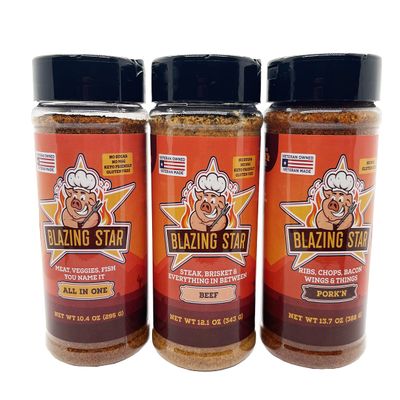 Blazing Star Barbecue Bundle Sugar Free All In One Seasoning and Beef Rub with Porkn Rub Bold Flavor BBQ Rubs and Everyday Cooking Spice Set Veteran Owned (3 Pack)