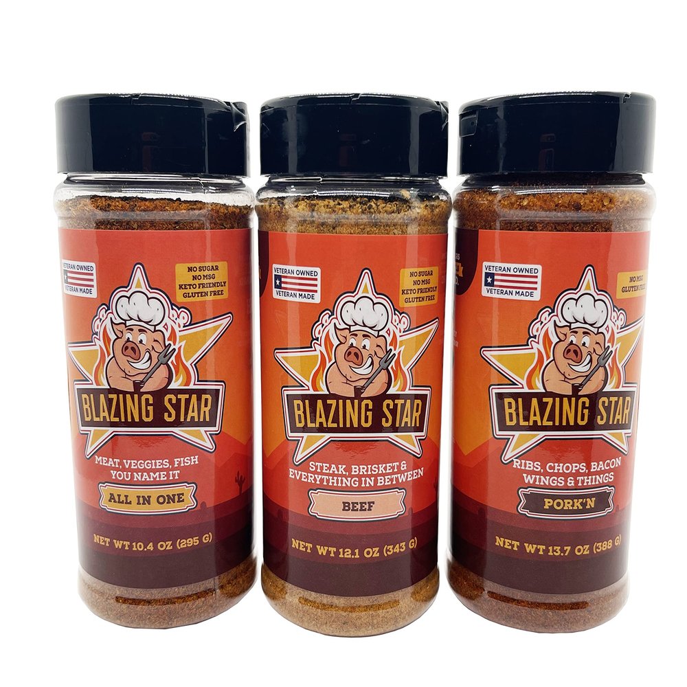 Blazing Star Barbecue Bundle Sugar Free All In One Seasoning and Beef Rub with Porkn Rub Bold Flavor BBQ Rubs and Everyday Cooking Spice Set Veteran Owned (3 Pack)