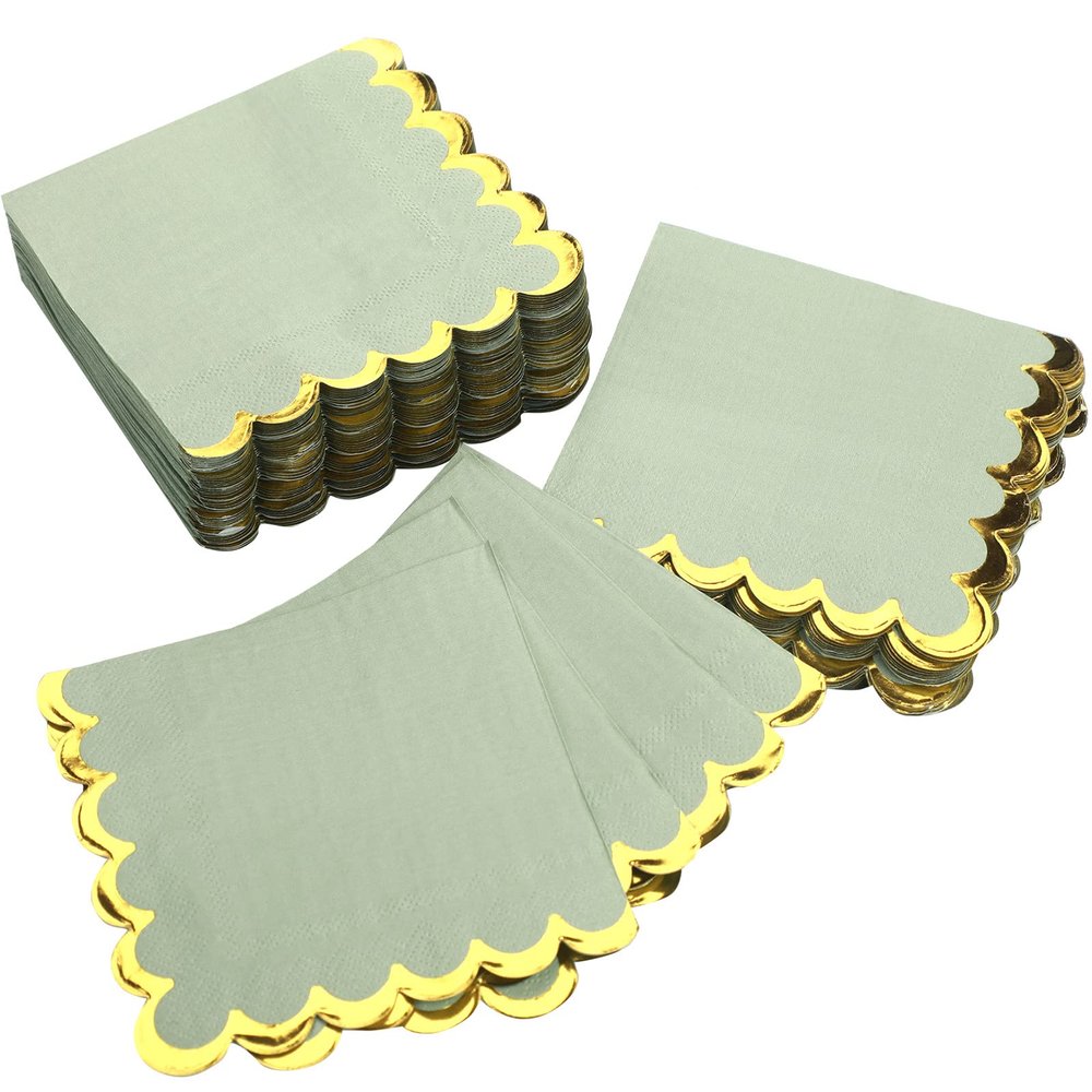 Panelee 100 Pack Sage Green Cocktail Napkins with Gold Foil 2 Ply Dessert Folded 5 x 5 Inches Disposable Napkins for Dinner Wedding Birthday Party Bridal Anniversary Reception Event