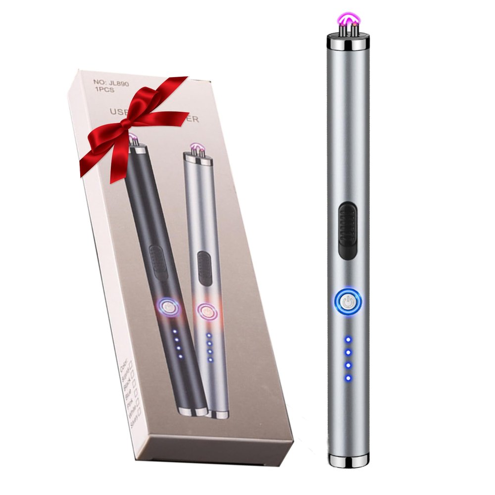 COMANYI Electric Lighter Rechargeable Plasma Flameless USB Lighter with Safety Lock Dual Arc LED Display for Candle Grill Kitchen Camping (Silver)