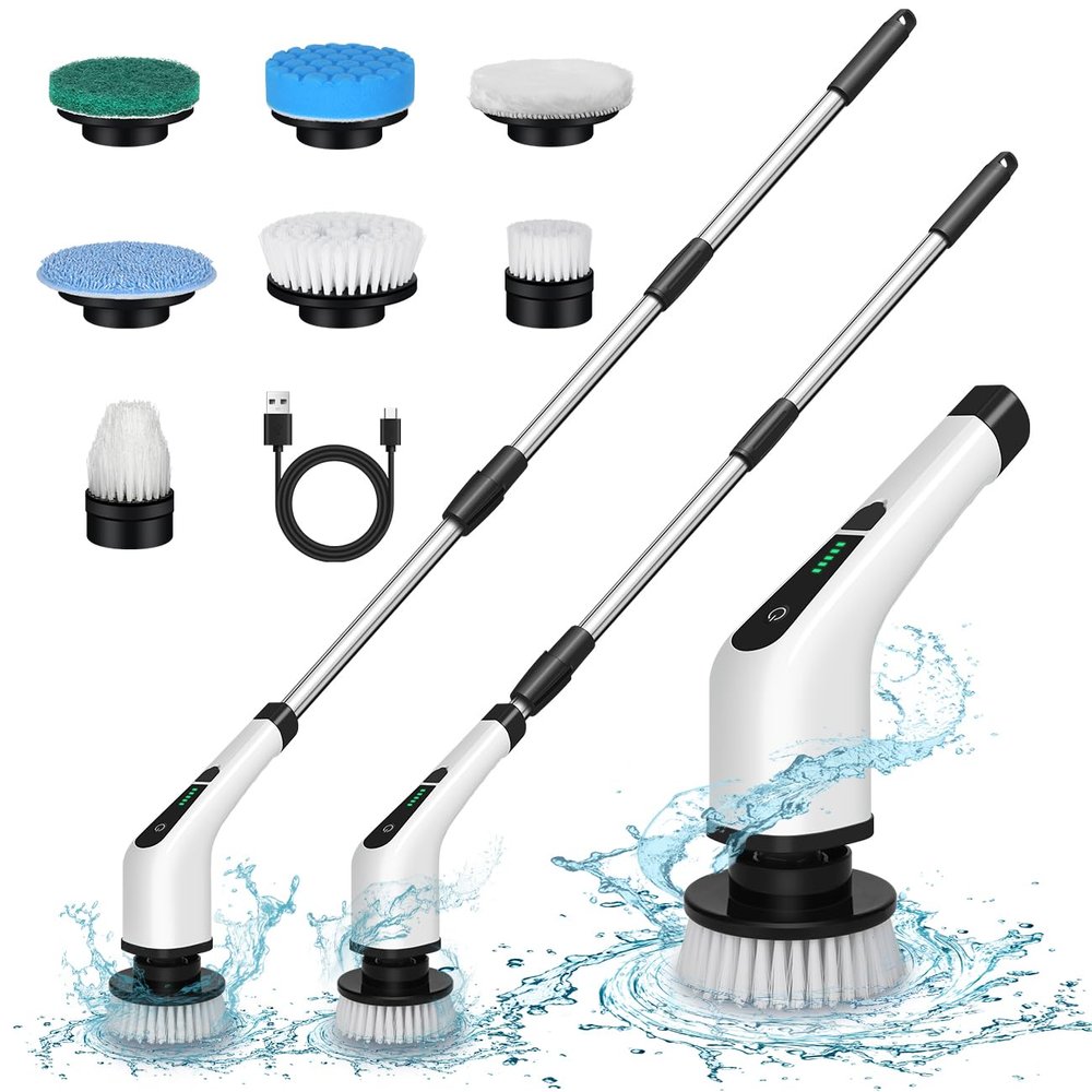 Electric Spin Scrubber Cordless Bath Tub Power Scrubber Bathroom Cordless Cleaning Brush with 7 Replaceable Drill Brush Heads Shower Cleaning Scrubbers with Adjustable Handle for Bathroom Kitchen
