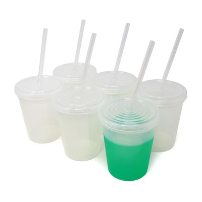 Rolling Sands 16 Oz. Reusable Plastic Stadium Cups with Lids, 6 Pack, USA Made Color Changing Tumblers, Includes 6 Reusable Straws, Dishwasher Safe, Frost to Green