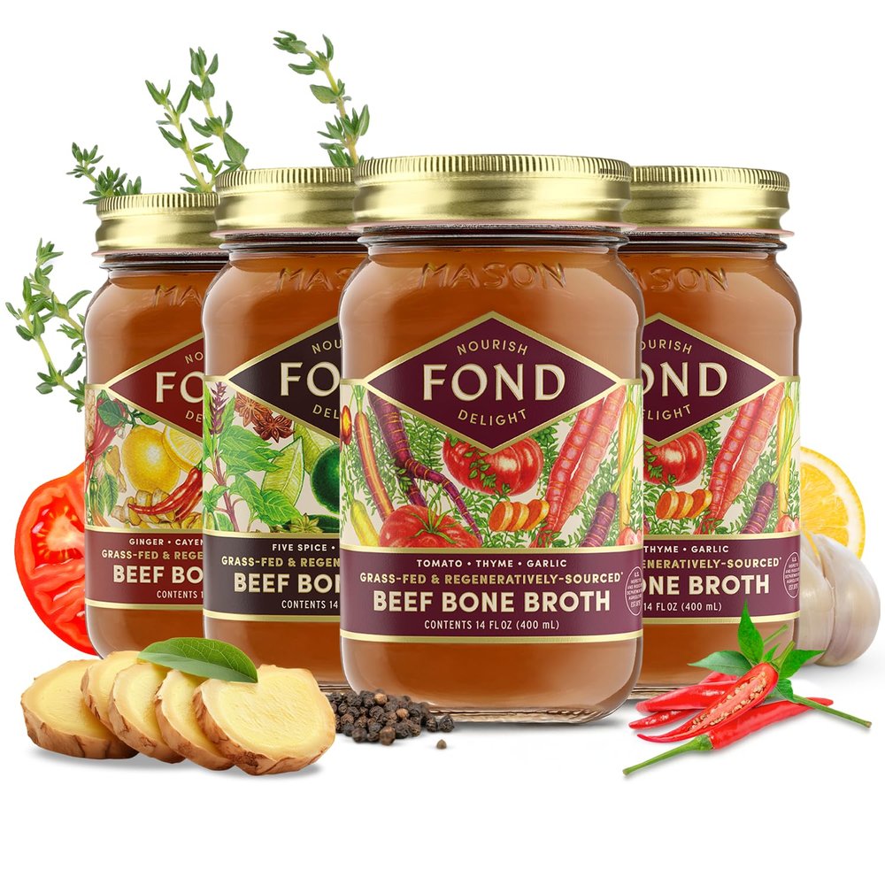 FOND Regenerative Grass Fed Beef Bone Broth  Slow-Simmered Beef Broth for Rich and Nourishing Flavor, Nutrient-Dense, Artisan Quality  3 Different Flavors, Variety Pack  14 oz (4-Pack)