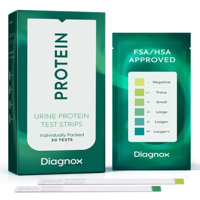 Diagnox Health Urine Protein Test Strips | at-Home Proteinuria Monitoring | Individually Wrapped, Fast 60-Second Results | Easy Urinalysis Test, Pack of 30