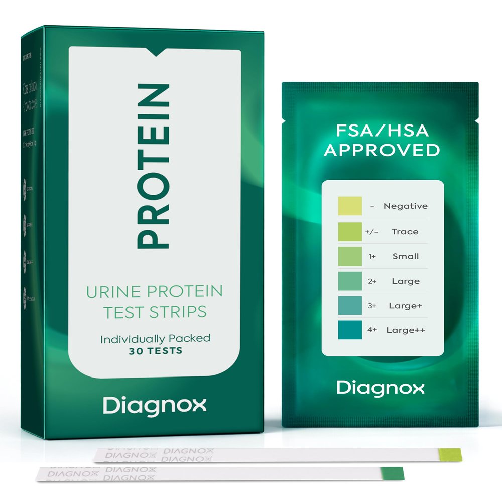 Diagnox Health Urine Protein Test Strips | at-Home Proteinuria Monitoring | Individually Wrapped, Fast 60-Second Results | Easy Urinalysis Test, Pack of 30