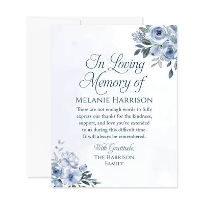 Hello Love Goods Soft Blue Floral In Loving Memory Funeral Thank You Cards, Personalized Sympathy Acknowledgements, Elegant Bereavement Flat Notes with Envelopes - 4.25x.5.5"