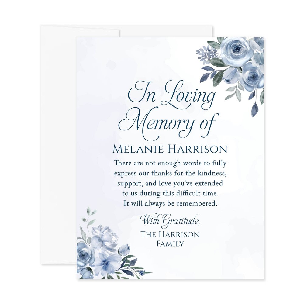 Hello Love Goods Soft Blue Floral In Loving Memory Funeral Thank You Cards, Personalized Sympathy Acknowledgements, Elegant Bereavement Flat Notes with Envelopes - 4.25x.5.5"
