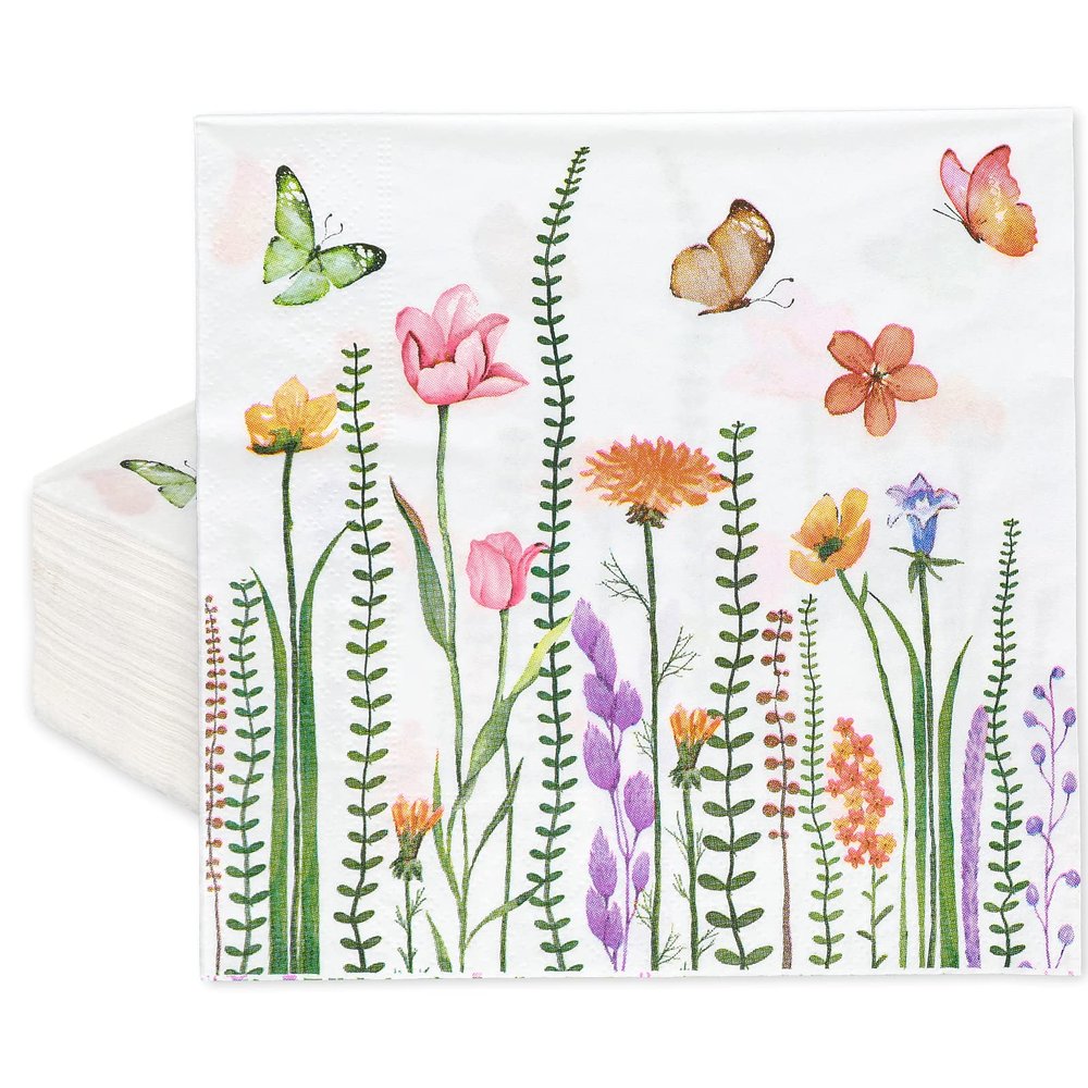 AnyDesign 80 Pack Floral Luncheon Napkins Disposable Spring Paper Decorative Napkins Flower Butterflies Blossoms Dessert Dinner Hand Napkin for Party Supplies Decoration, 6.5 x 6.5 In