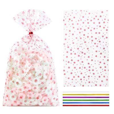 COQOFA 100 Pcs 7X12" Cello Cellophane Gift Treat Bags Party Favor bags Clear Candy Cookie Bags Plastic Poly Goodie Storage Bags with Twist Ties for Wedding Birthday Party Valentines Day Supplies Rose