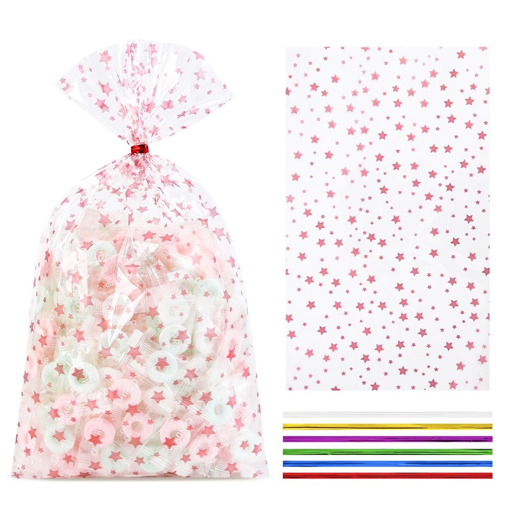 COQOFA 100 Pcs 7X12" Cello Cellophane Gift Treat Bags Party Favor bags Clear Candy Cookie Bags Plastic Poly Goodie Storage Bags with Twist Ties for Wedding Birthday Party Valentines Day Supplies Rose