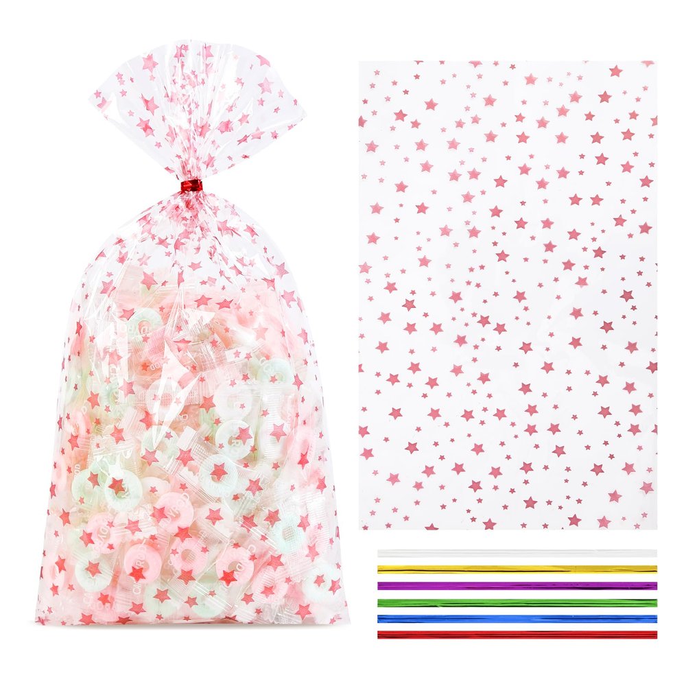 COQOFA 100 Pcs 5X11" Rose Gold Star Wedding Gift Wrap Cello Cellophane Treat Bags Party Favor bags Clear Candy Cookie Bags Plastic Poly Goodie Storage Bags with Twist Ties for Baby Shower Birthday Bride shower Party Supplies