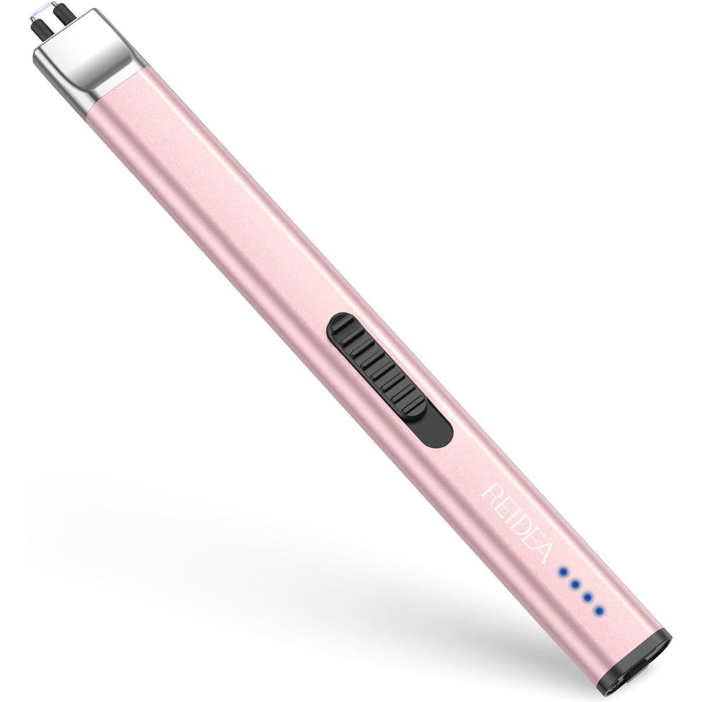 REIDEA Electric Lighter R1 Flat Candle Lighter, Windproof Flameless USB Rechargeable Arc with Safe Button and Power Indicator for Candle, BBQ and Fireworks, Rose Gold