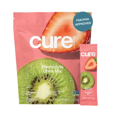 Cure Hydration | Plant-Based Electrolyte Drink Mix | No Added Sugar | FSA-HSA | Dehydration Relief Powder Made with Coconut Water | Non-GMO | Vegan | Pouch of 14 Packets - Strawberry Kiwi