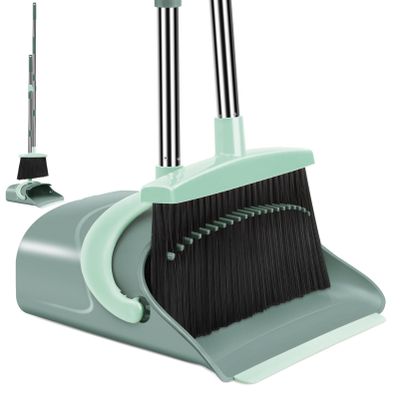 Broom and Dustpan Set for Home, Dust pan with Long Handle, Broom with Dustpan Combo Set, for Home Kitchen Room Office Lobby Floor Use Upright Stand Up Sweeping (Gray&Green)