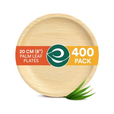 ECO SOUL 8 Inch Disposable Palm Leaf Plates [400 Pack] Premium Food-Safe Heavy Duty Compostable Bamboo Paper Plates for Lunch, Dinner, Birthday, Weddings, Party, Camping & Catering Events [Round]