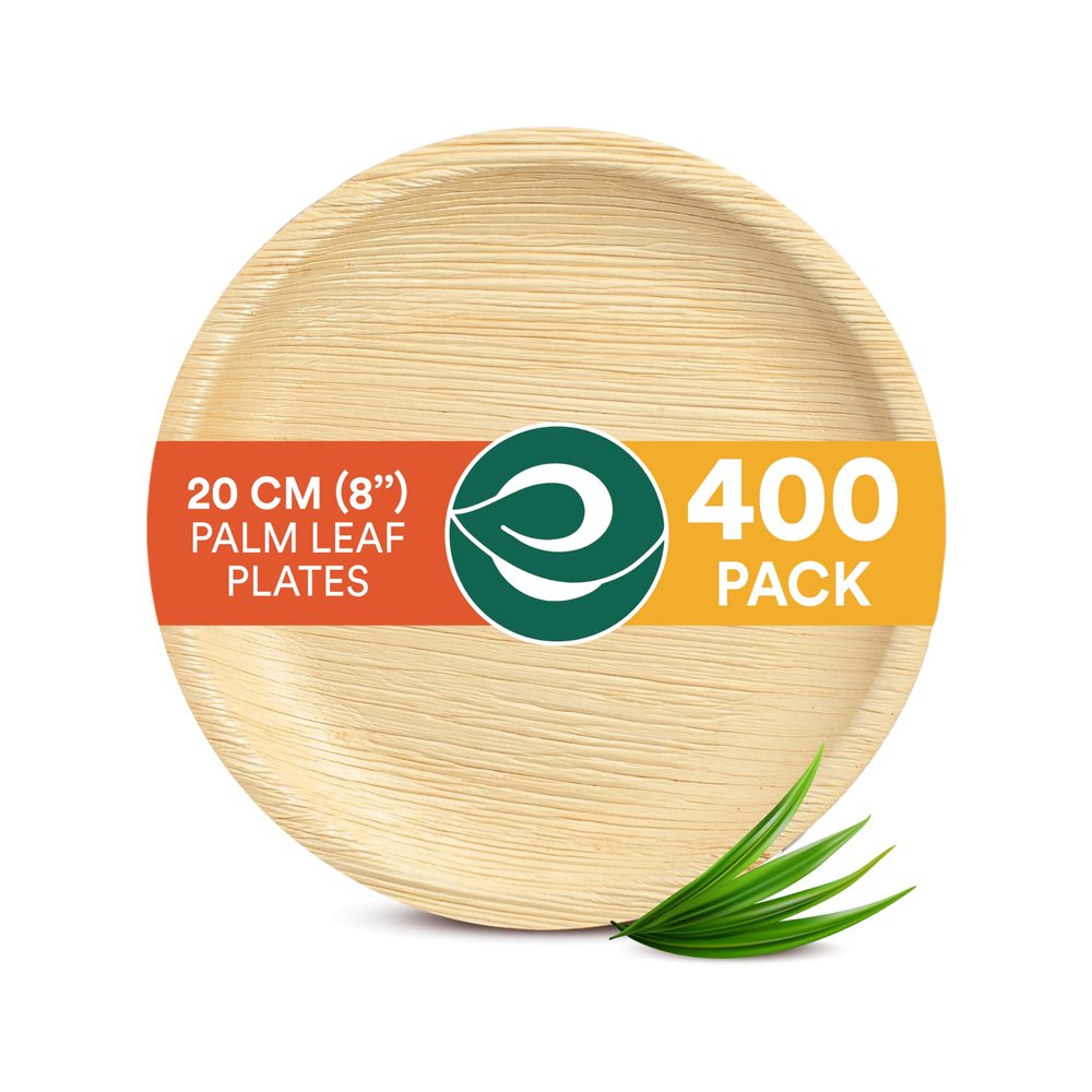 ECO SOUL 8 Inch Disposable Palm Leaf Plates [400 Pack] Premium Food-Safe Heavy Duty Compostable Bamboo Paper Plates for Lunch, Dinner, Birthday, Weddings, Party, Camping & Catering Events [Round]