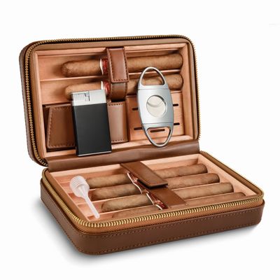 Cigar Humidor, Leather Cigar Case with Cedar Wood Lined, Portable Travel Cigar Humidor with Lighter and Cutter, Cigar Accessory Set, Cigar Gift Set - Brown