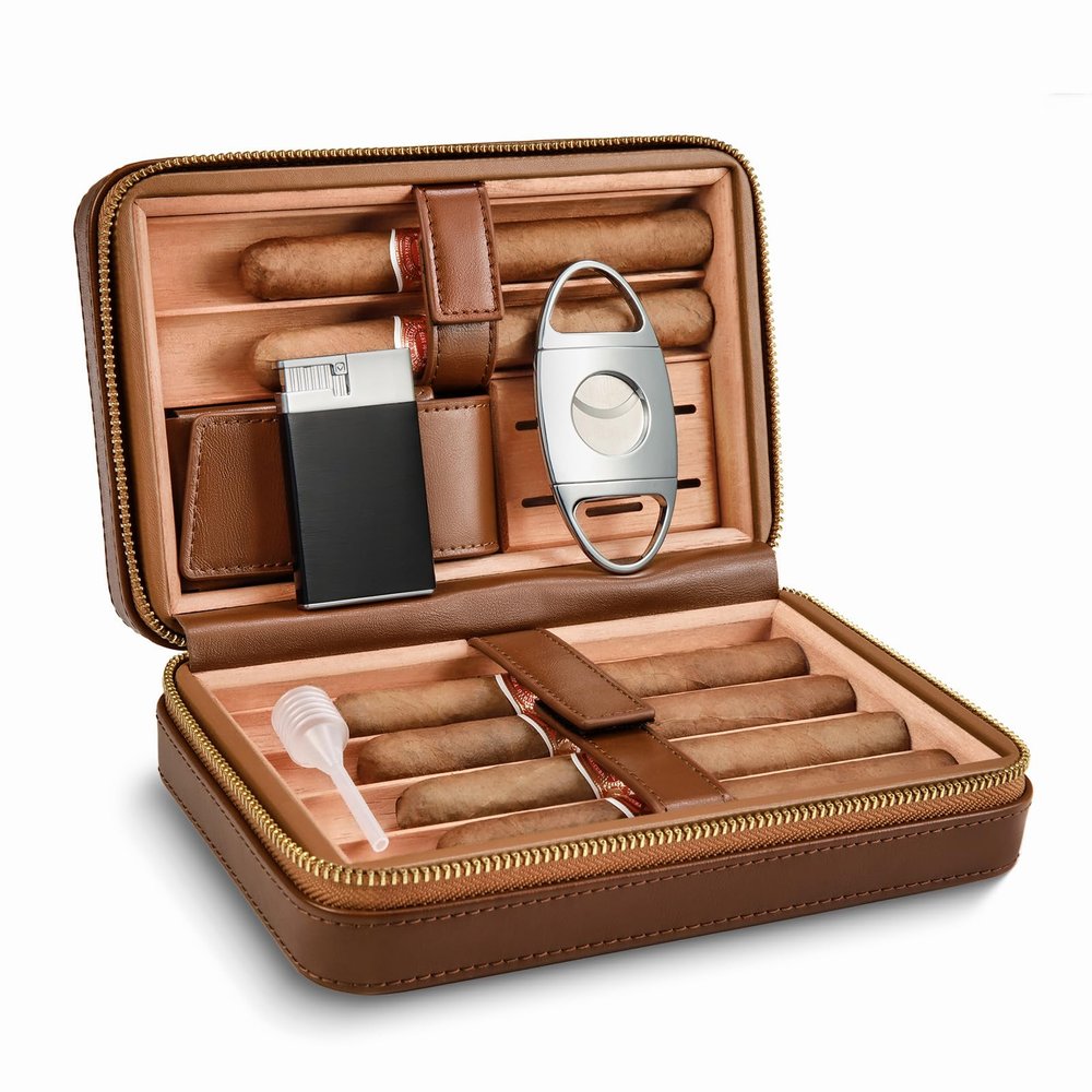 Cigar Humidor, Leather Cigar Case with Cedar Wood Lined, Portable Travel Cigar Humidor with Lighter and Cutter, Cigar Accessory Set, Cigar Gift Set - Brown