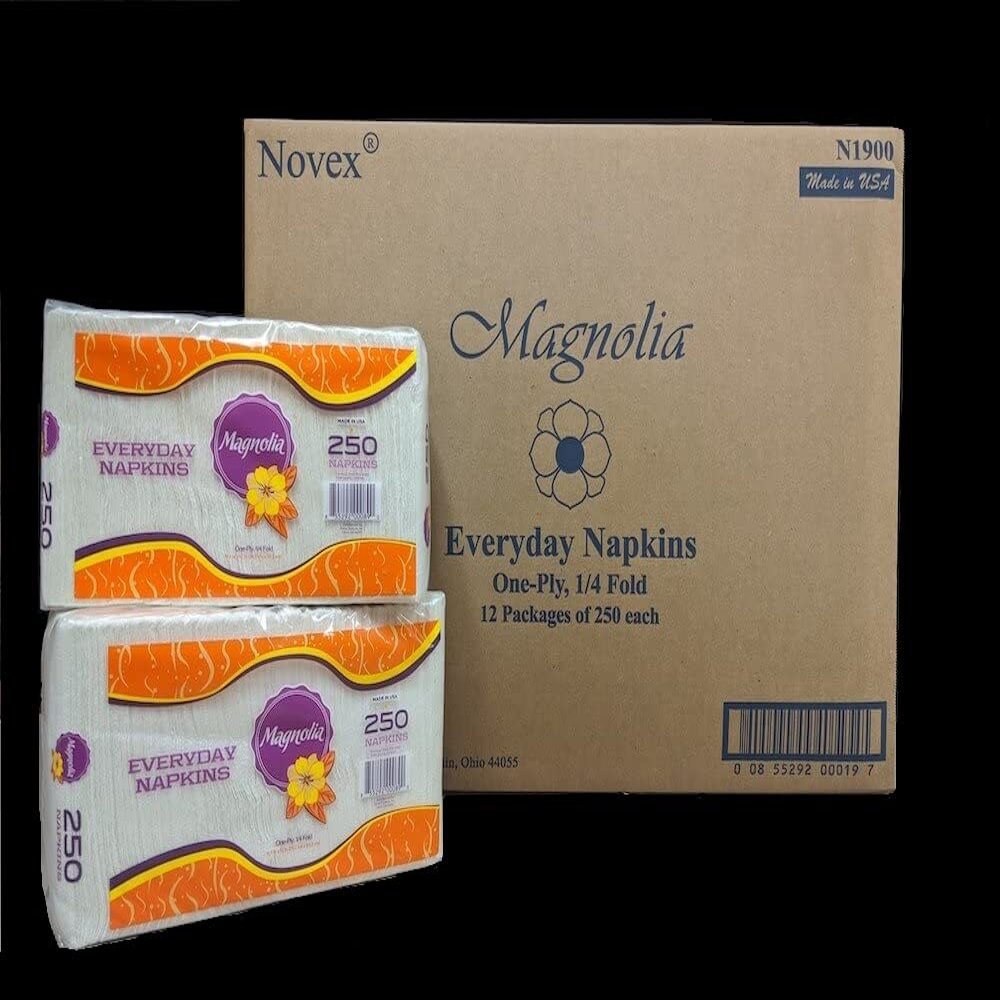 Lunch/Everyday Napkins, One-Ply, White, 12 Packs of 250, 3,000 Napkins per Case, Novex Magnolia Napkins